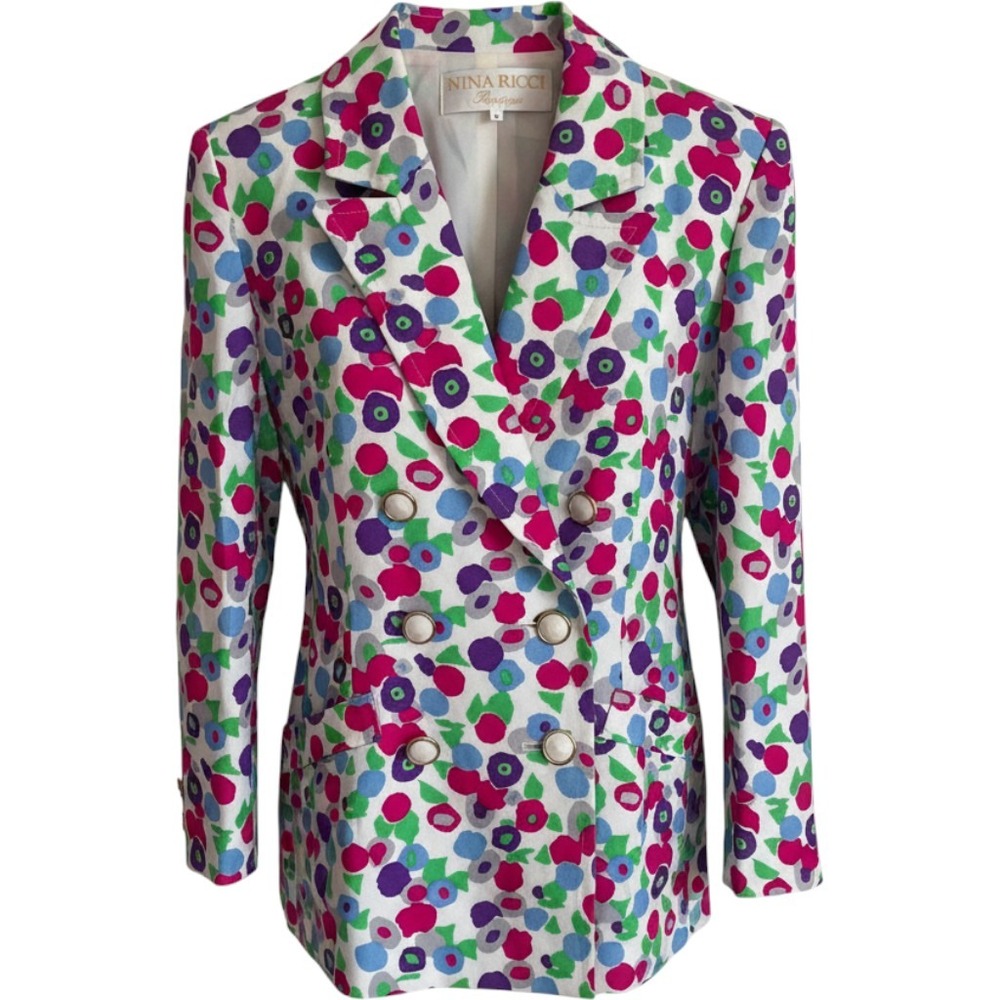Nina Ricci Boutique Vintage Floral Double Breasted Blazer Multicolor Size 9